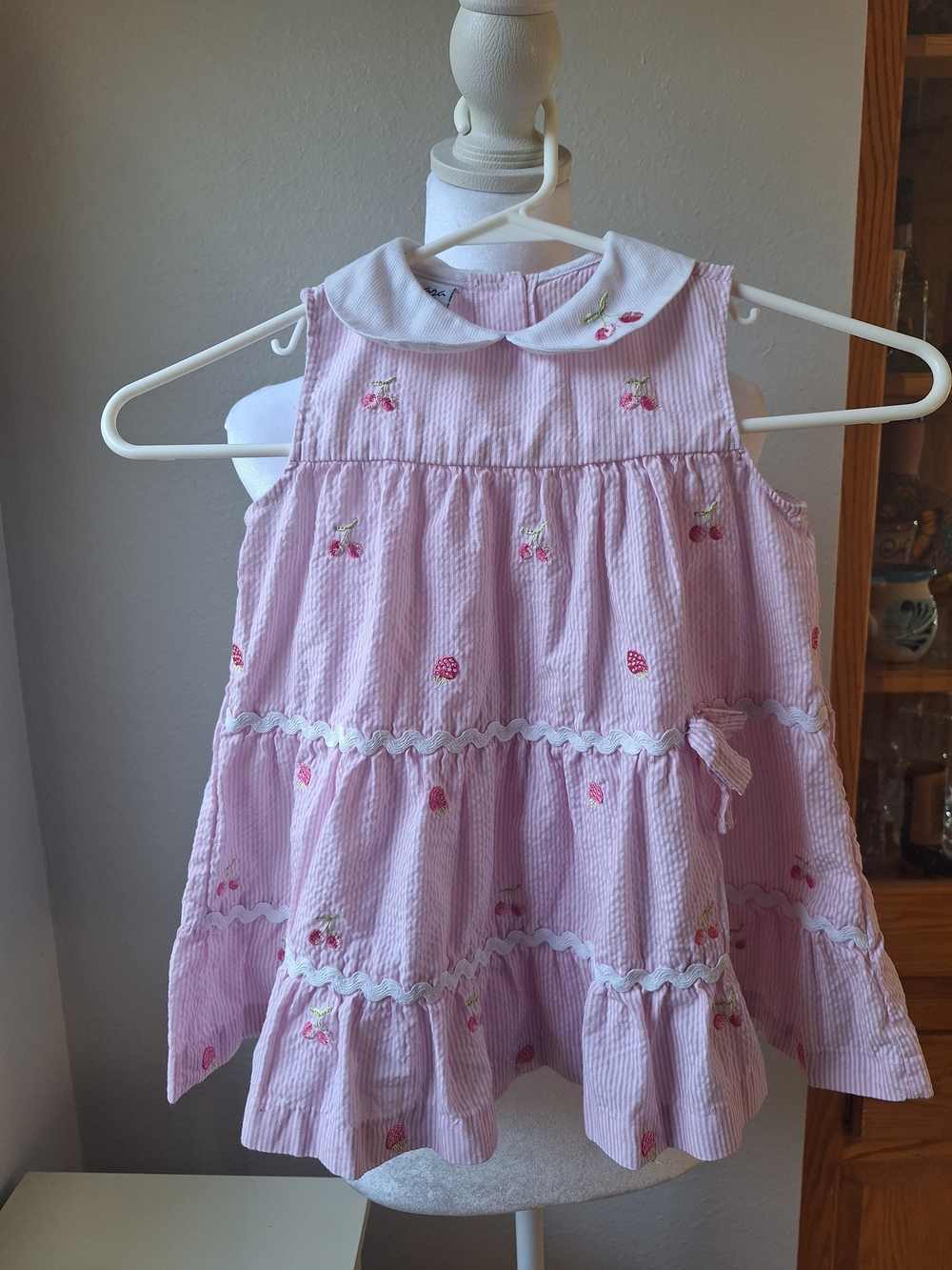 Vintage Girls Pink Cherry Embroidered Peter Pan Collar Tiered Dress Top